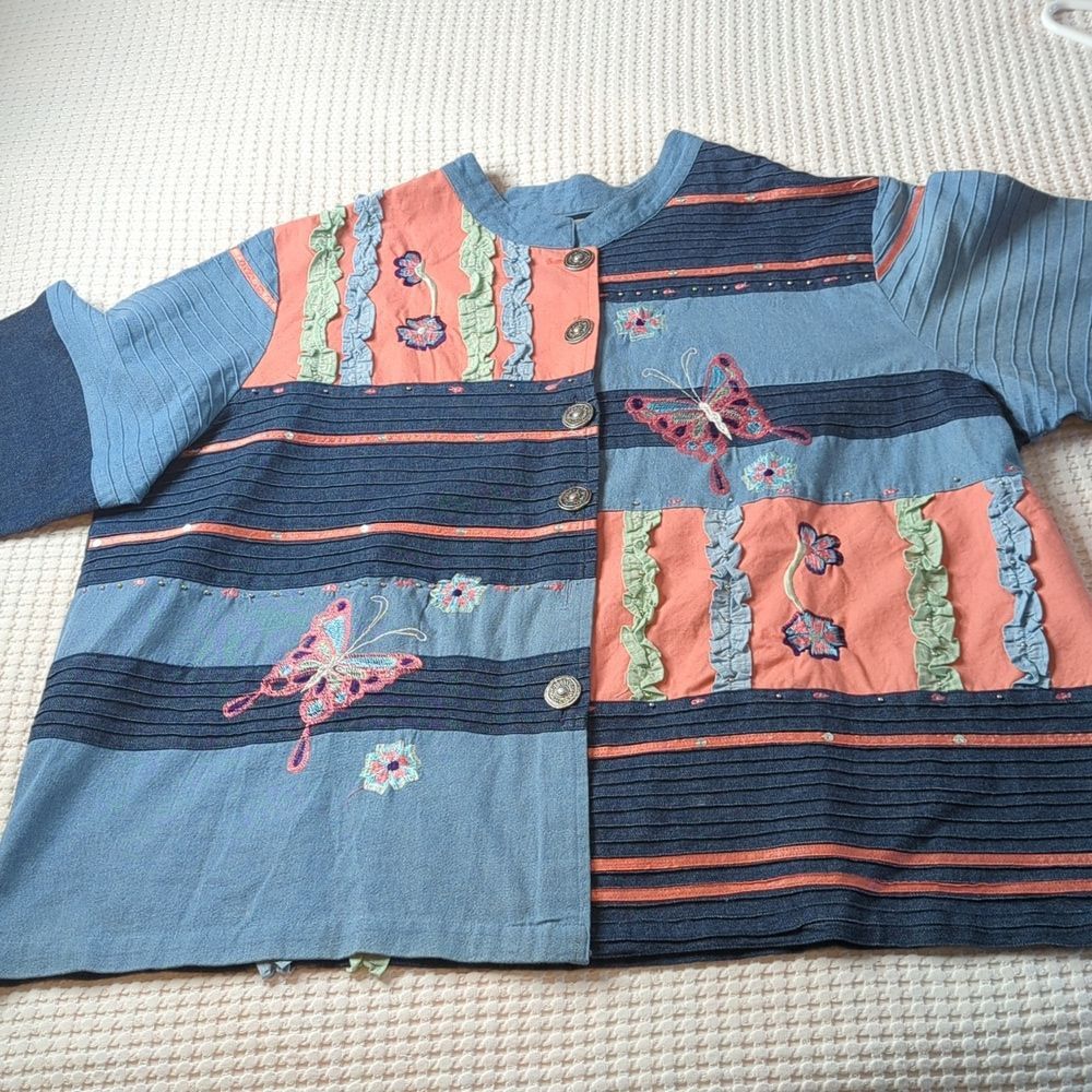 Indigo Moon Embroidered Denim Jacket Plus Size 2X Statement Button-Up